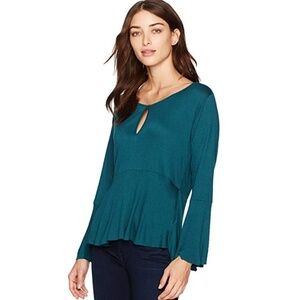 Lucky Brand Teal Peplum Bell Sleeve Keyhole Top‎ Size Medium NEW